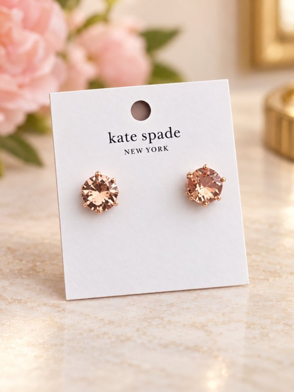 Kate Spade Rose Gold Peach Crystal Stud Earrings NWT - Picture 2 of 3